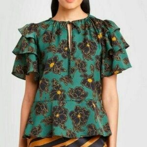 Who What Wear shirt Royal Blooms Ruffle Sleeve Peplum Top Green‎ xs